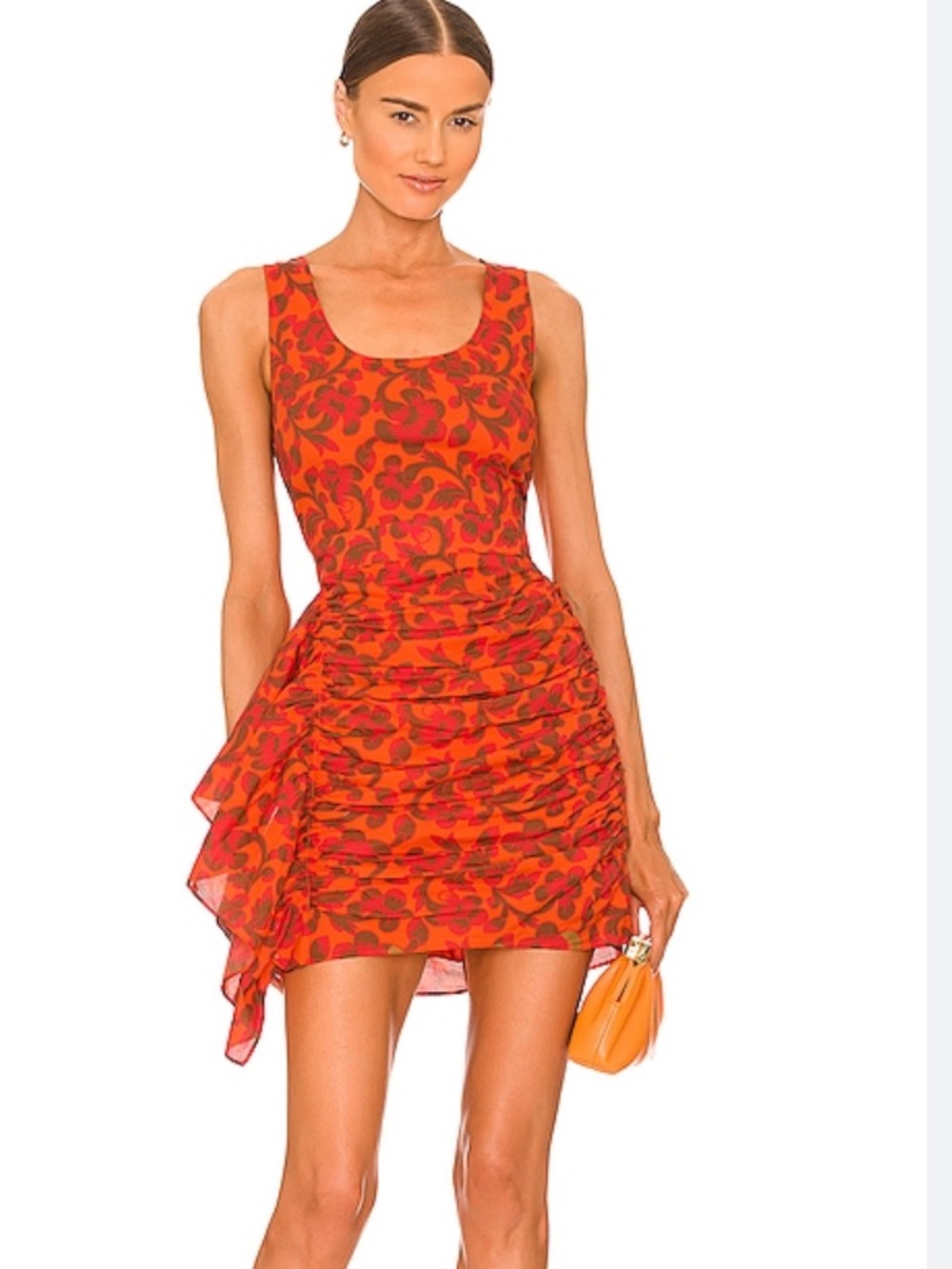 RHODE Tilda Mini Dress One Love Orange Floral Ruched Ruffle Cotton Size Large